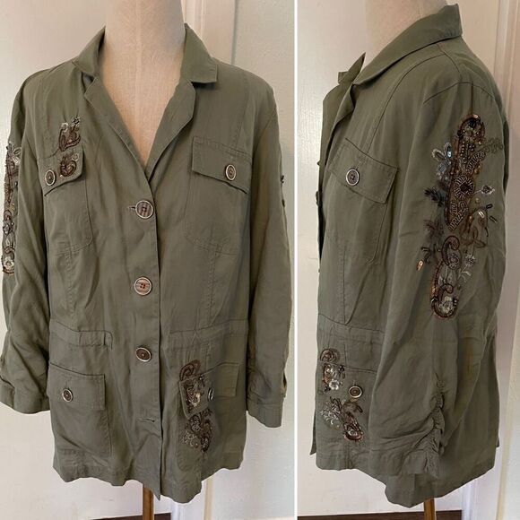 Chico's Lightweight Olive Utility Jacket with Embroidery, Beading & Sequins Size - Picture 3 of 5